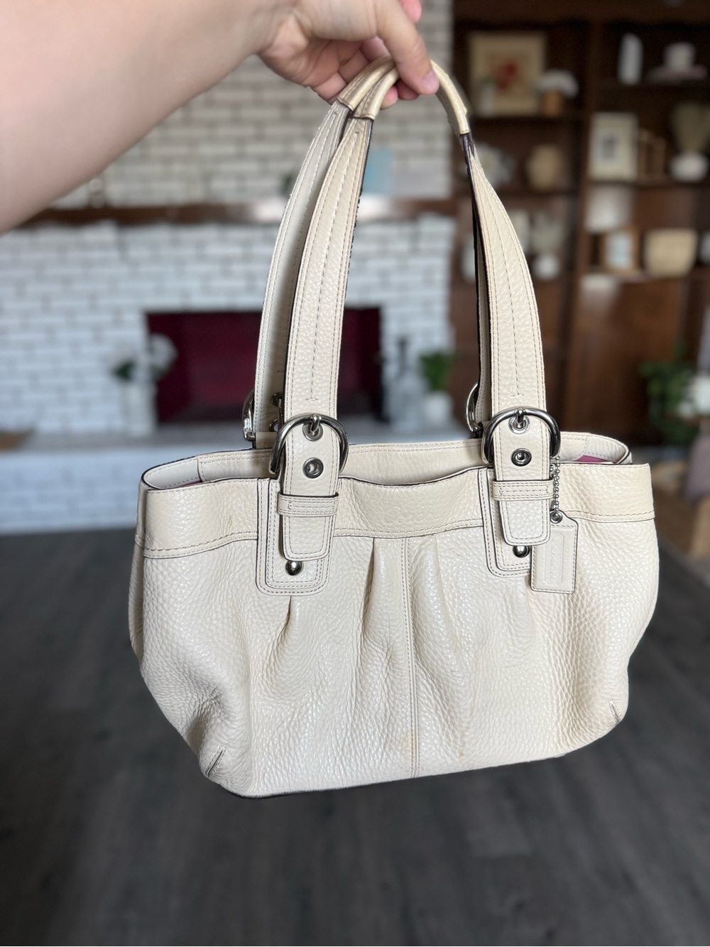 Coach Cream Pebbled Leather Shoulder Bag with Double Handles